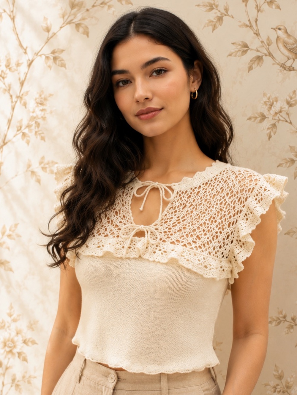 Zara Ivory Crochet Lace Top Ruffle Cap Sleeve Romantic Boho Size S